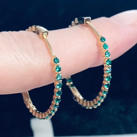 Lab Emerald Inside Out Hoop Earrings - Picture 6 of 11